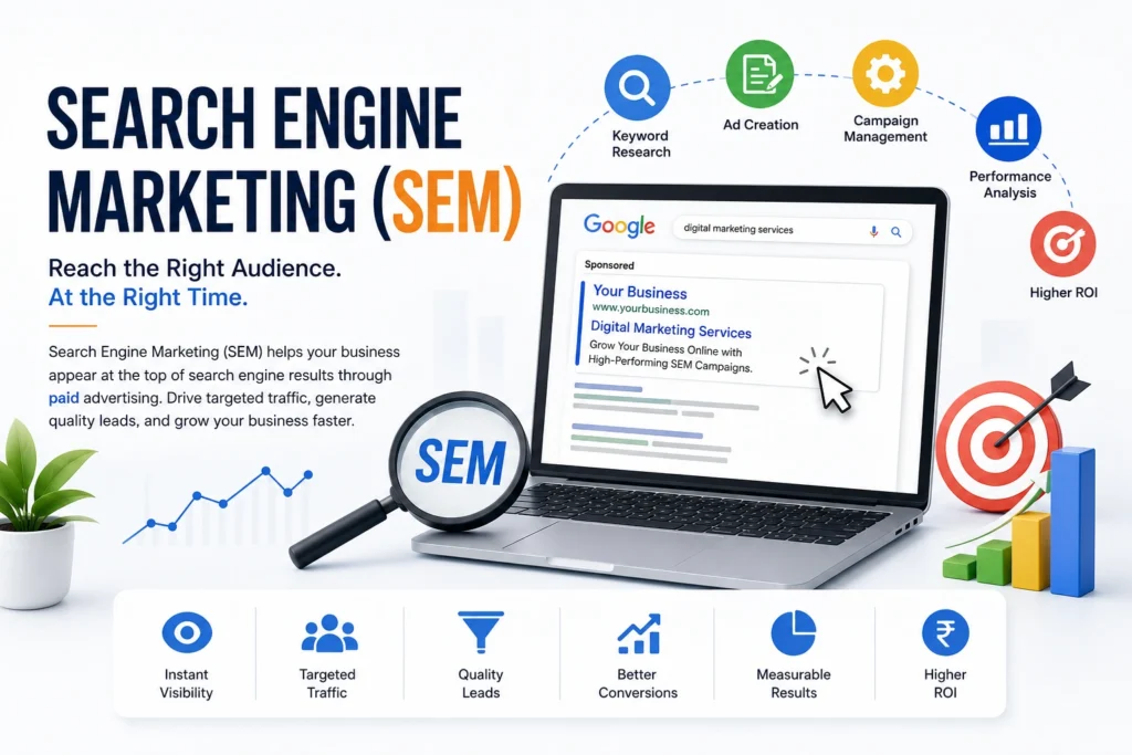 Search Engine Marketing (SEM) infographic with Google Ads, keyword research, targeted traffic, and business growth.