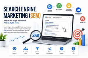 Search Engine Marketing (SEM) infographic with Google Ads, keyword research, targeted traffic, and business growth.